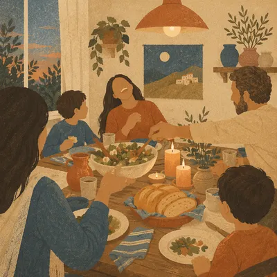 Joyful Family Dinner Table at Evening