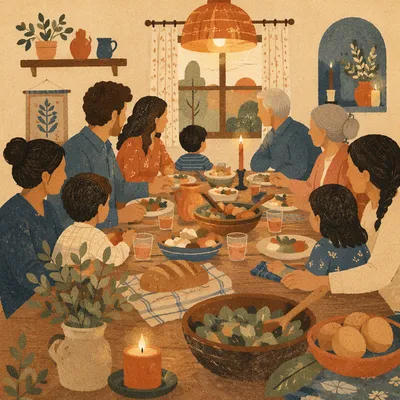 Joyful Family Dinner Around Rustic Table