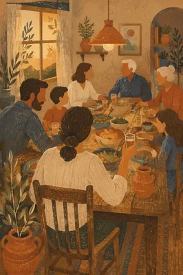 Joyful Family Dinner in Warm Evening Light