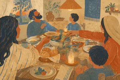 Joyful Family Dinner Table at Dusk