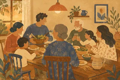 Joyful Family Dinner in Warm Evening Light