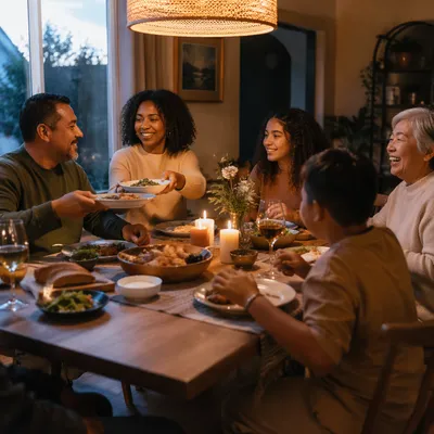 Laughing Multigenerational Family Dinner at Home