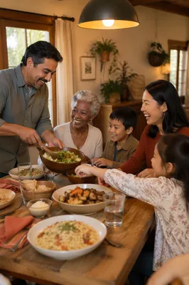 Multigenerational Family Laughing at Dinner Table