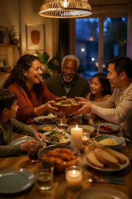 Multigenerational Family Laughing at Dinner Table
