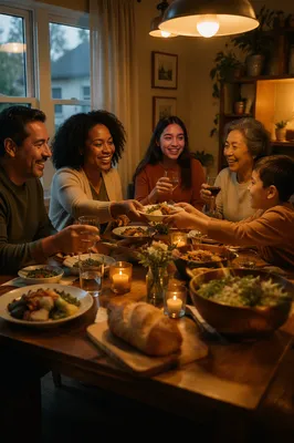 Laughing Family Dinner in Cozy Dining Room