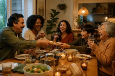 Laughing Family Dinner in Cozy Dining Room