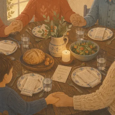 Family Grace Prayer Around Dinner Table