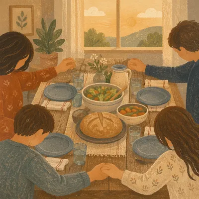 Family Grace Prayer Around Dinner Table