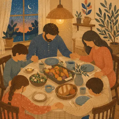 Family Grace Prayer Around Dinner Table