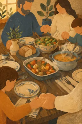 Family Grace Prayer Around Dinner Table