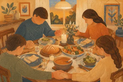 Family Grace Prayer at Dinner Table