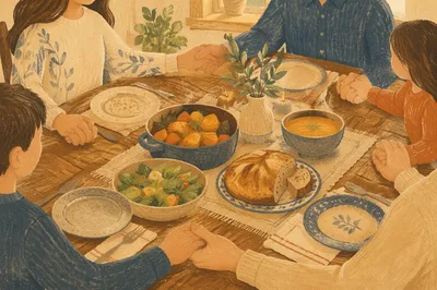 Family Grace Prayer Around Dinner Table
