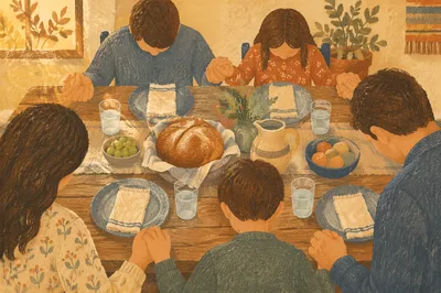 Family Grace Prayer Around Dinner Table