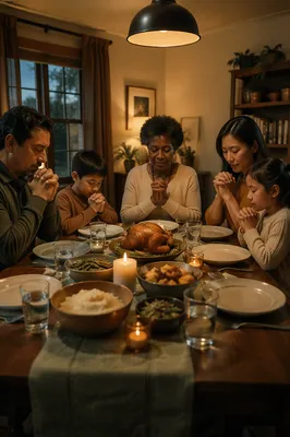 Family Praying Together Before Dinner