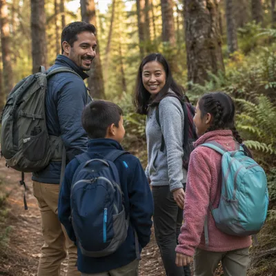 Family Hiking Forest Trail in Autumn