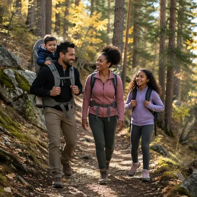 Family Hiking on Forest Trail