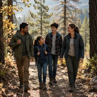 Family Hiking Forest Trail in Autumn