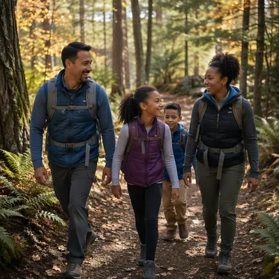 Family Hiking Forest Trail in Autumn