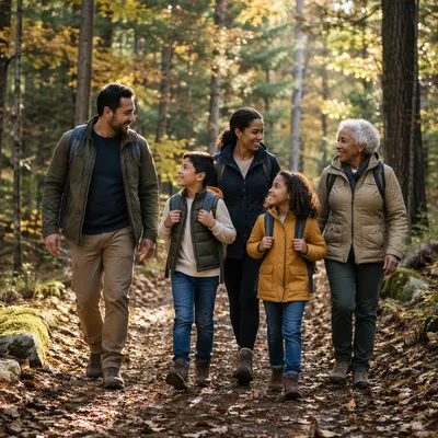 Multigenerational Family Hiking Forest Trail