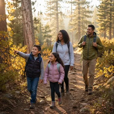 Family Hiking on Misty Forest Trail