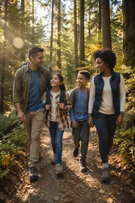 Family Hiking Forest Trail in Autumn