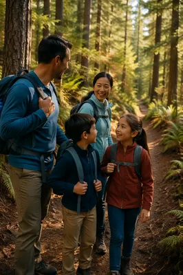 Family Hiking Forest Trail in Autumn