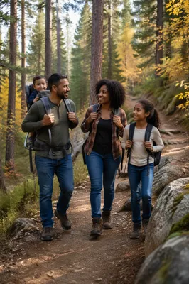 Family Hiking Forest Trail in Autumn