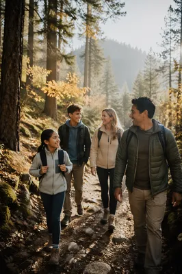 Family Hiking Forest Trail in Autumn