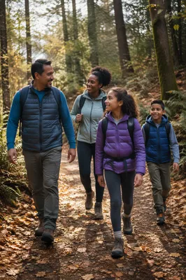 Family Hiking Forest Trail in Autumn