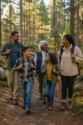 Multigenerational Family Hiking Forest Trail