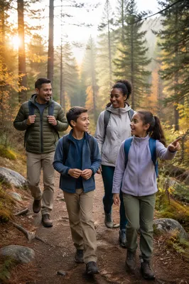 Family Hiking Forest Trail in Autumn