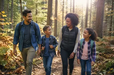 Family Hiking Forest Trail in Autumn