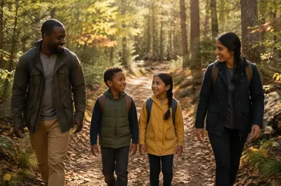 Family Hiking Forest Trail in Autumn