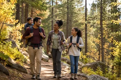 Family Hiking Forest Trail in Autumn