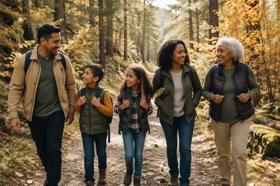 Multigenerational Family Hiking Forest Trail