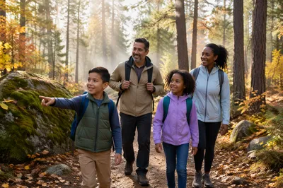 Family Hiking on Misty Forest Trail