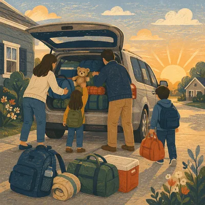 Family Loading Minivan for Sunrise Road Trip