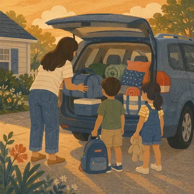 Family Packing Minivan at Golden Hour
