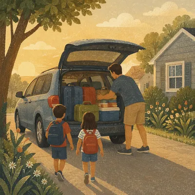 Family Loading Minivan for Summer Road Trip