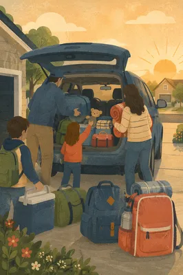 Family Loading Minivan for Morning Road Trip