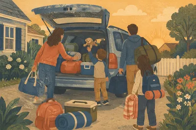 Family Loading Minivan for Morning Road Trip