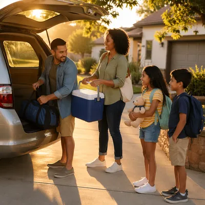 Joyful Family Loading Minivan for Summer Trip