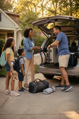 Family Loading Minivan for Summer Road Trip