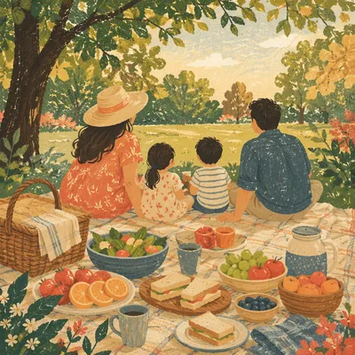 Family Picnic Blanket and Food in Park