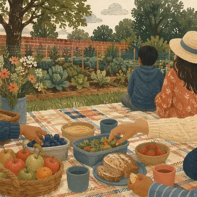 Family Picnic on Blanket in Garden Park