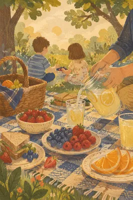 Family Picnic with Lemonade in Park