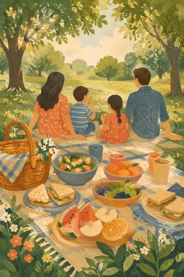 Family Picnic on Sunny Park Lawn