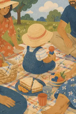Sunny Family Picnic on Park Blanket