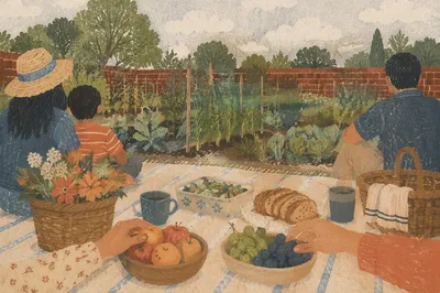 Family Picnic on Garden Park Blanket