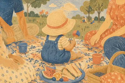 Sunny Family Picnic on Park Blanket